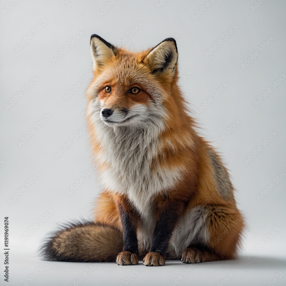 Fototapeta premium A fluffy fox sitting cutely on a white background.