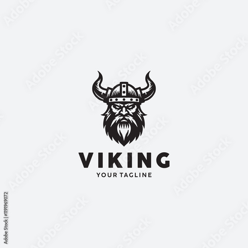 Vikings logo design. Nordic warrior symbol. Horned Norseman emblem. Barbarian man head icon with horn helmet and beard