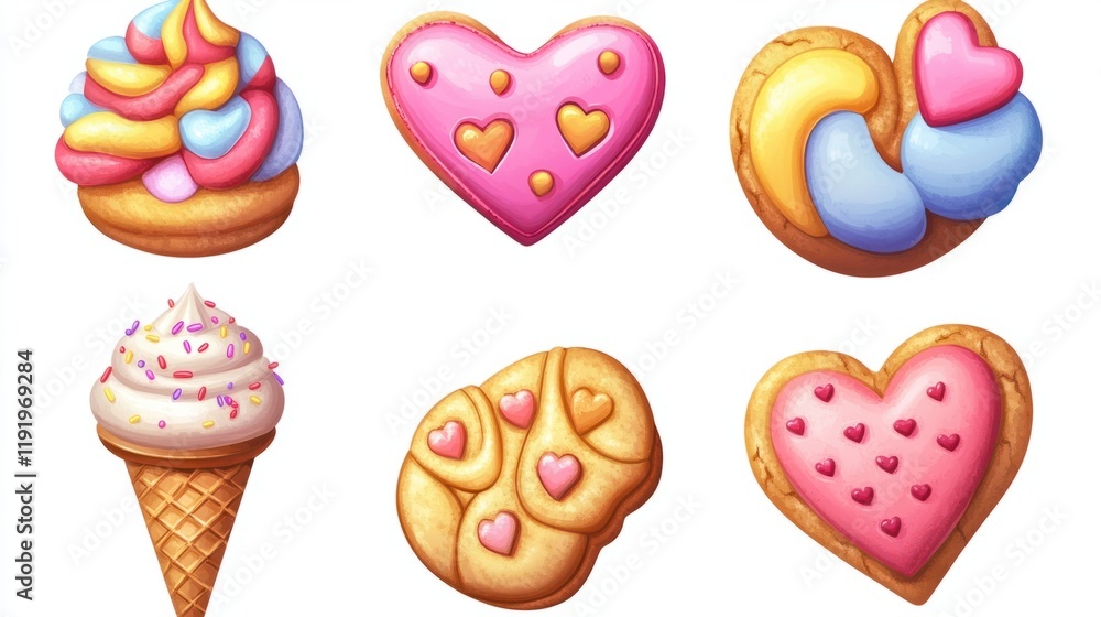 A set of cute food icons like ice cream cones with heart sprinkles, colorful candies, and frosted cookies, isolated on white A set of cute food icons like ice cream cones with heart sprinkles, colorful candies, and frosted cookies, isolated on white