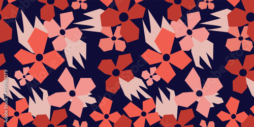 Print. Modern geometric floral pattern. Eye-catching design with simplified motifs. Ideal for a stationery, packaging, textiles and more