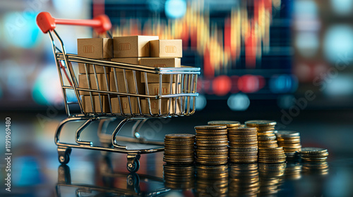 A shopping trolley cart filled with small boxes placed on a stack of coins, with an upward-trending graph in the background symbolizing sales growth in ecommerce. photo