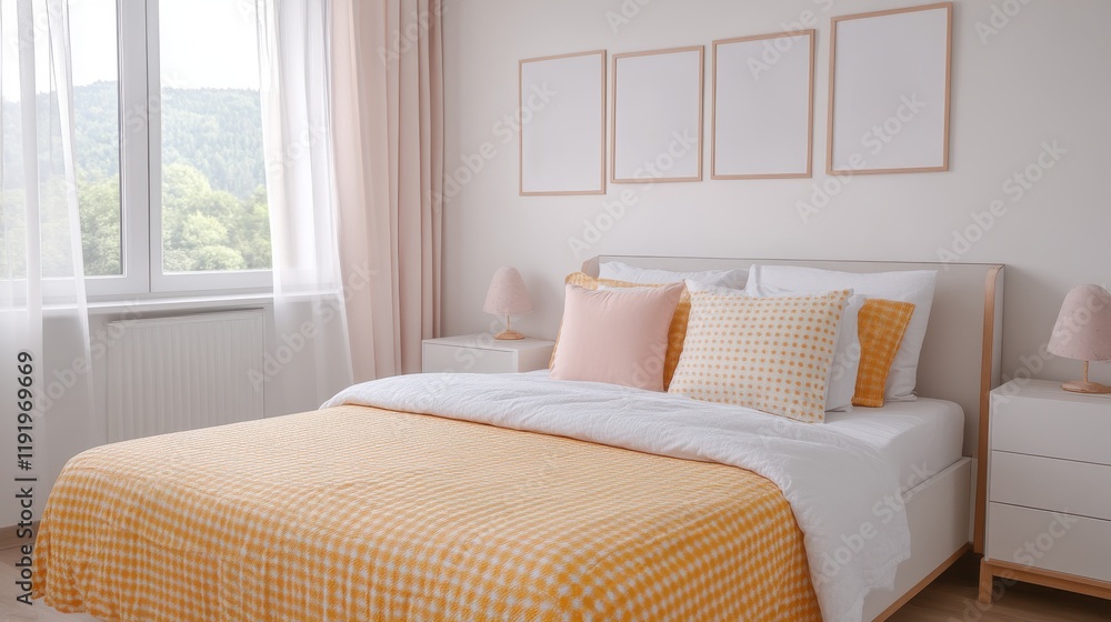 Fototapeta premium House moving with children. Cozy bedroom with a yellow checkered blanket and soft pastel decor.