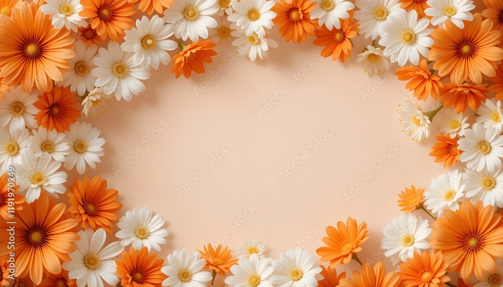 Orange and white daisy floral border frame on a peach background with copy space for spring or summer designs Orange and white daisy floral border frame on a peach background with copy space for spring or summer designs