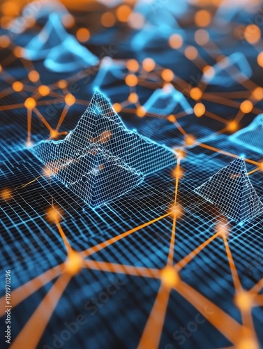 Blue and Orange Abstract Data Visualization with Digital Peaks and Nodes