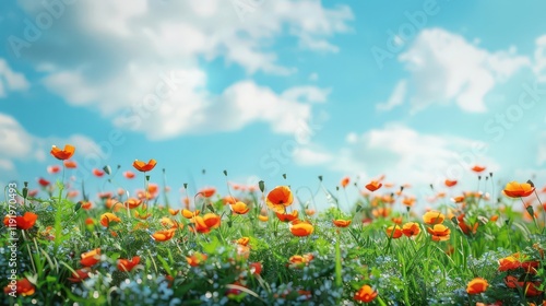 A vibrant field of orange flowers under a bright blue sky with fluffy clouds.