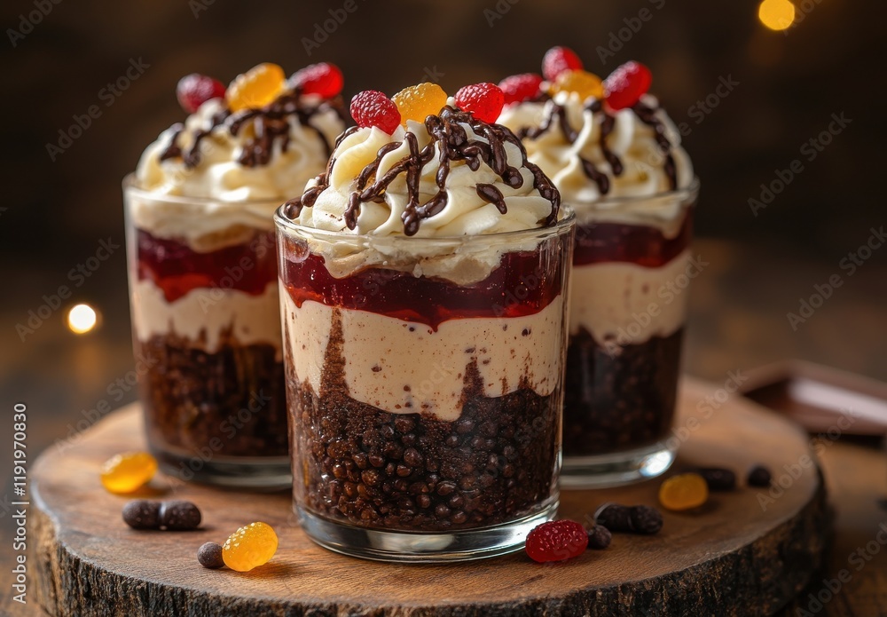 Indulgent Layered Dessert in Glass with Chocolate Drizzle, Whipped Cream, Jelly, and Colorful Candies, Perfect for Celebrations or Special Occasions Indulgent Layered Dessert in Glass with Chocolate Drizzle, Whipped Cream, Jelly, and Colorful Candies, Perfect for Celebrations or Special Occasions