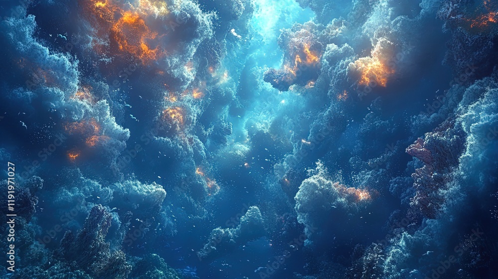 Naklejka premium Dynamic underwater abstract design with bold textures and glowing aquatic elements