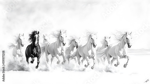 Black horse leading a herd of white horses running in a monochrome landscape.