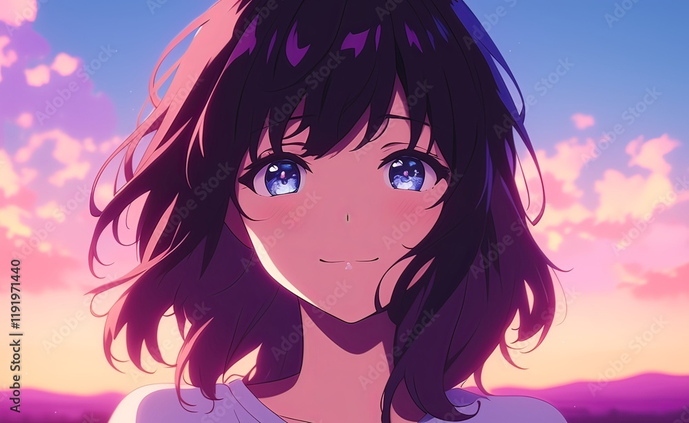 Close-up of a confident and friendly anime girl with black hair, smiling softly at the camera Close-up of a confident and friendly anime girl with black hair, smiling softly at the camera