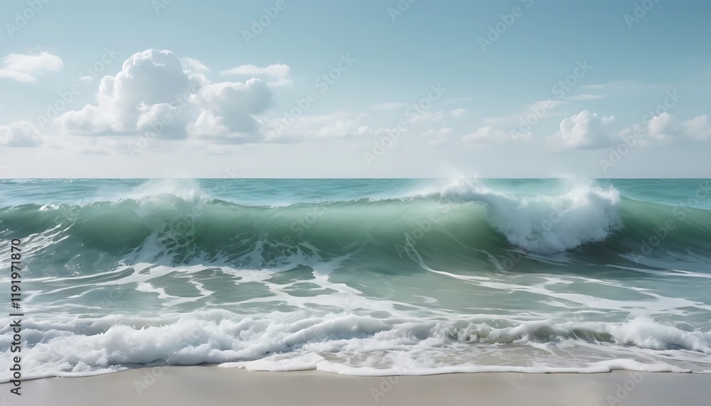 Fototapeta premium Ocean Waves Crashing on Sandy Beach Under Cloudy Sky