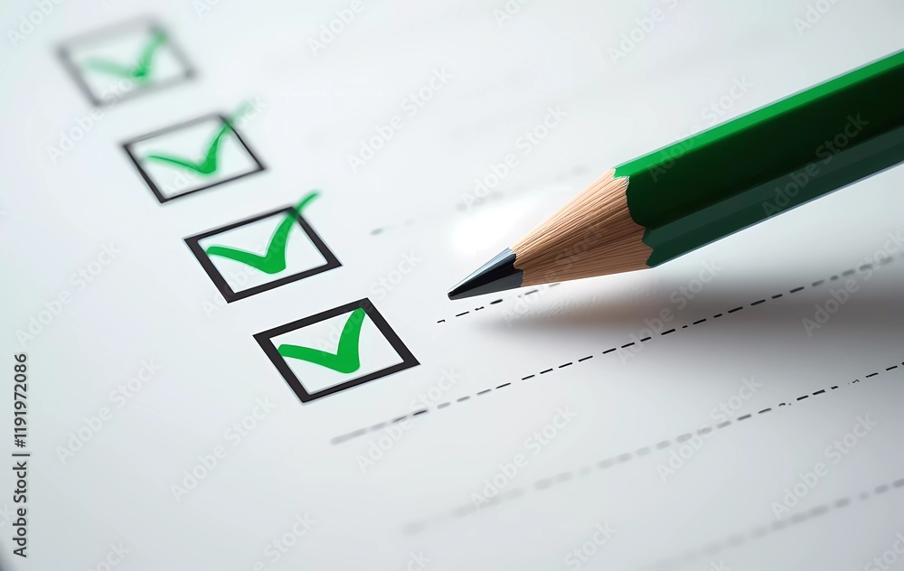 Close-up of a green pencil checklist on a task or survey, representing organization, task management, and progress tracking Close-up of a green pencil checklist on a task or survey, representing organization, task management, and progress tracking