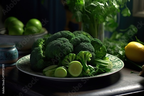 Fresh broccoli with green vegetables on a plate in natural light photo