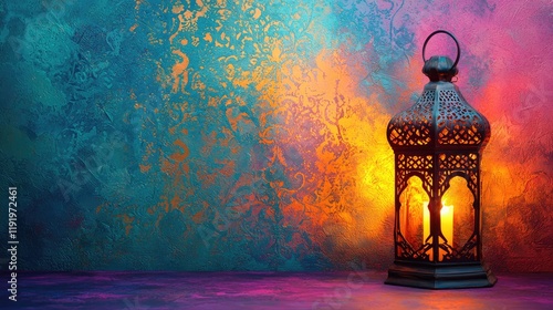 Illuminated lantern, vibrant background, Ramadan celebration, festive mood, greeting card photo