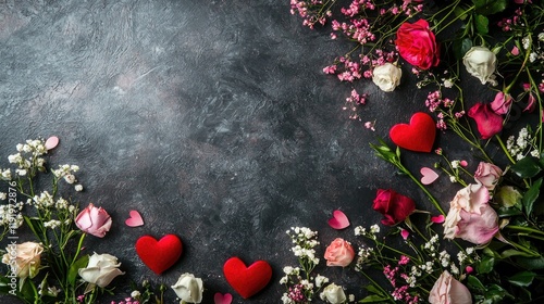 Romantic floral arrangement with hearts; dark background; Valentine's Day card design photo