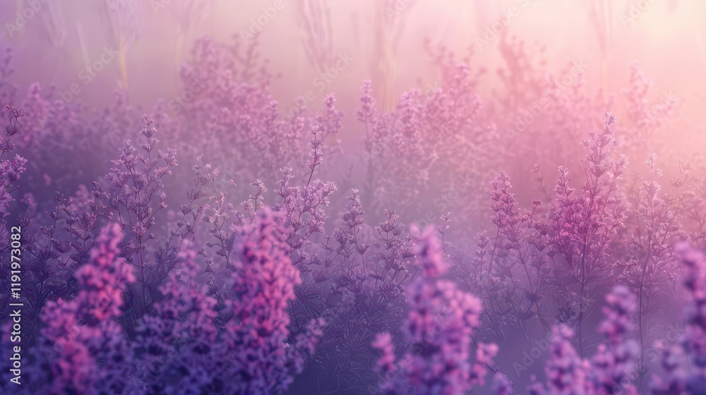 Obraz premium A serene landscape of soft purple flowers in a misty atmosphere.