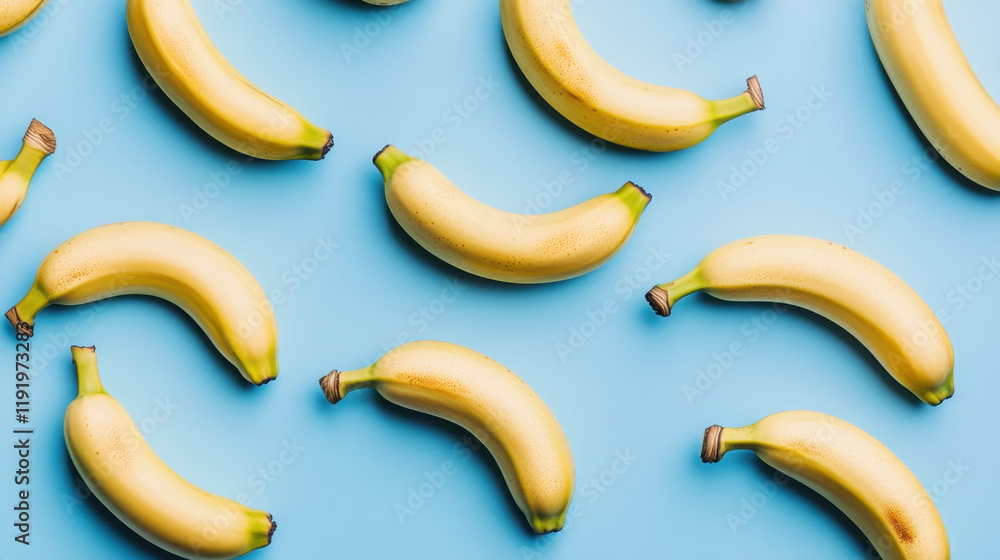 Top view of bananas pattern repetitive on blue background Top view of bananas pattern repetitive on blue background