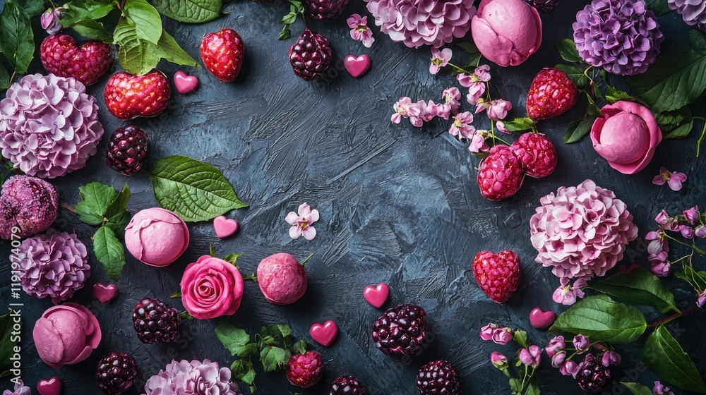 Pink flowers, berries, and chocolates frame dark background; romantic food image Pink flowers, berries, and chocolates frame dark background; romantic food image