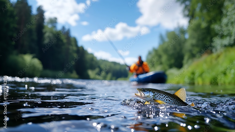 Fototapeta premium Brown trout leaping from river water, kayaker fishing in background.