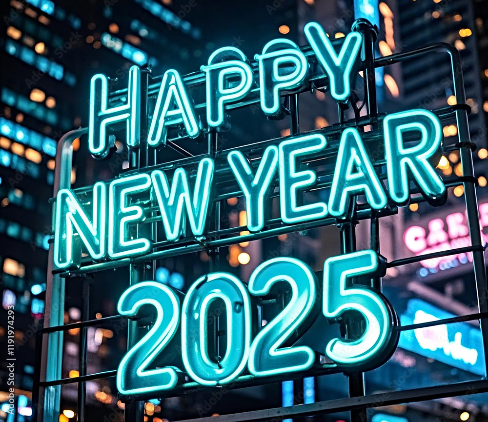 Fototapeta premium Happy New Year 2025 neon lettering.