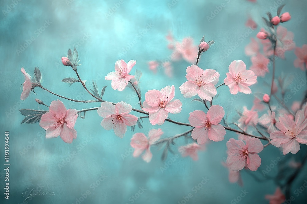 Delicate spring background with blooming cherry blossoms in shades of pink, white, and light blue, creating a serene and tranquil atmosphere. Delicate spring background with blooming cherry blossoms in shades of pink, white, and light blue, creating a serene and tranquil atmosphere.