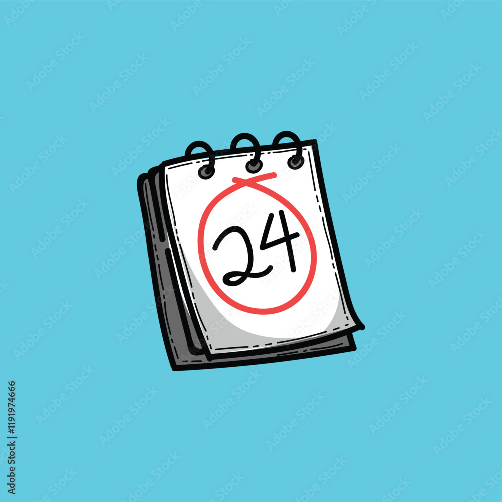 Fototapeta premium Cartoon illustration featuring a calendar with the date 24 circled prominently, set against a simple blue background, symbolizing deadlines, appointments, and important dates.