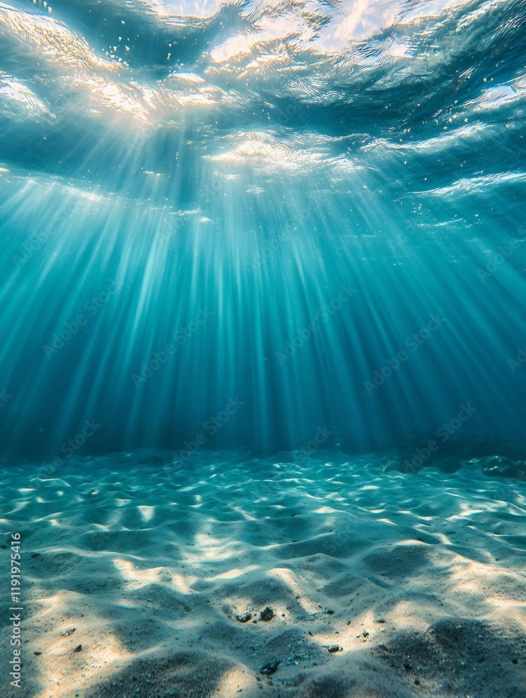 Naklejka premium Sunbeams pierce tranquil ocean depths illuminating sandy seabed. AI Generated