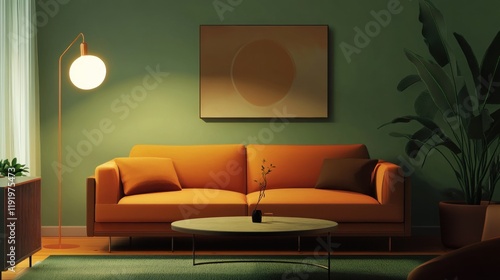 Evening Living Room, Orange Sofa, Green Walls, Calm photo