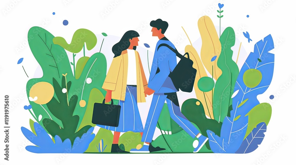 a couple walking in the park, with a blue color scheme and white background. a couple walking in the park, with a blue color scheme and white background.