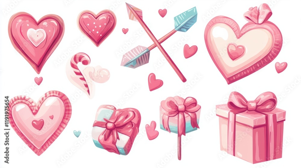 A playful set of Valentine icons featuring heart candies, love arrows, and whimsical gift boxes, isolated on white A playful set of Valentine icons featuring heart candies, love arrows, and whimsical gift boxes, isolated on white
