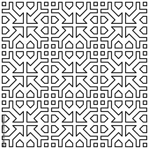 Seamless black and white geometric pattern with symmetrical lines and shapes in a grid layout.