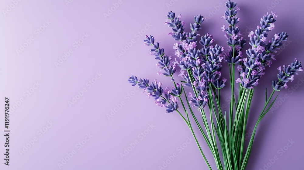 Fototapeta premium Lavender bouquet on purple background, floral design, calm, relaxation, wellness