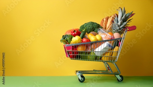 Colorful grocery haul in a shopping cart against a yellow background. photo