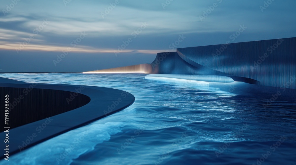 Futuristic coastal building, twilight, ocean view, illuminated Futuristic coastal building, twilight, ocean view, illuminated