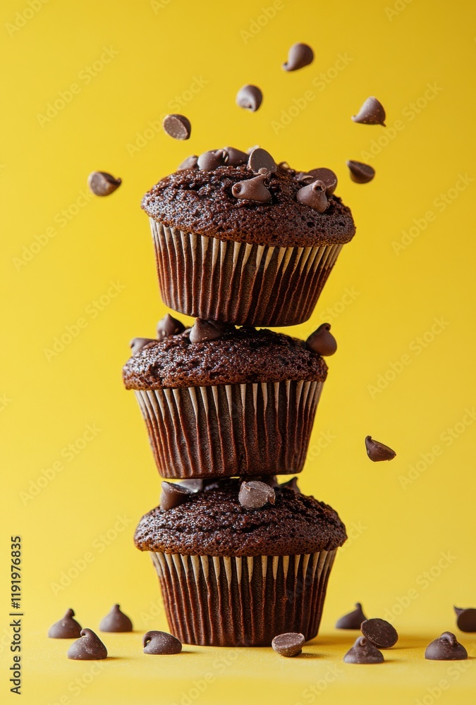 Three Stacked Chocolate Cupcakes with Chocolate Chips Against Bright Yellow Background, Perfect for Dessert or Bakery-Themed Projects and Promotions Three Stacked Chocolate Cupcakes with Chocolate Chips Against Bright Yellow Background, Perfect for Dessert or Bakery-Themed Projects and Promotions