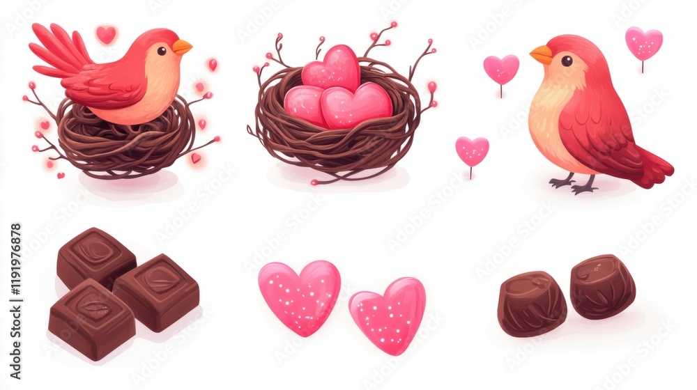Fototapeta premium A set of lovebirds in a nest, chocolates, and glowing fairy lights, perfect for Valentine decor, on white