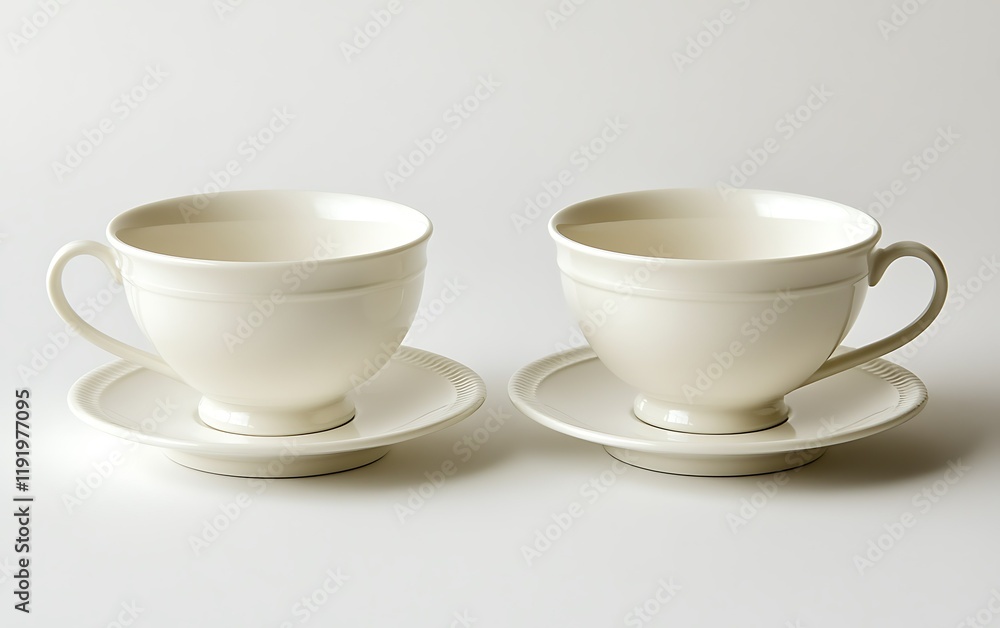 Fototapeta premium Two empty teacups on saucers, studio shot, white background, for websites or blogs