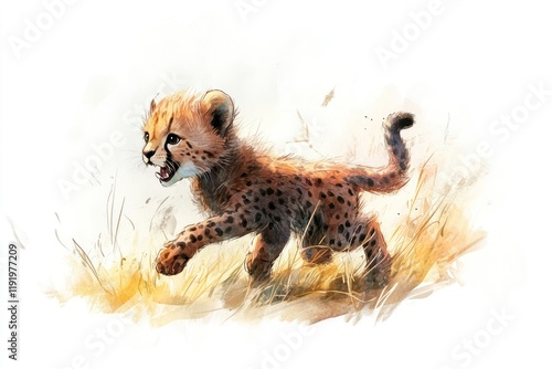 Watercolor painting of a cute cheetah cub running in the tall grass on the savannah photo