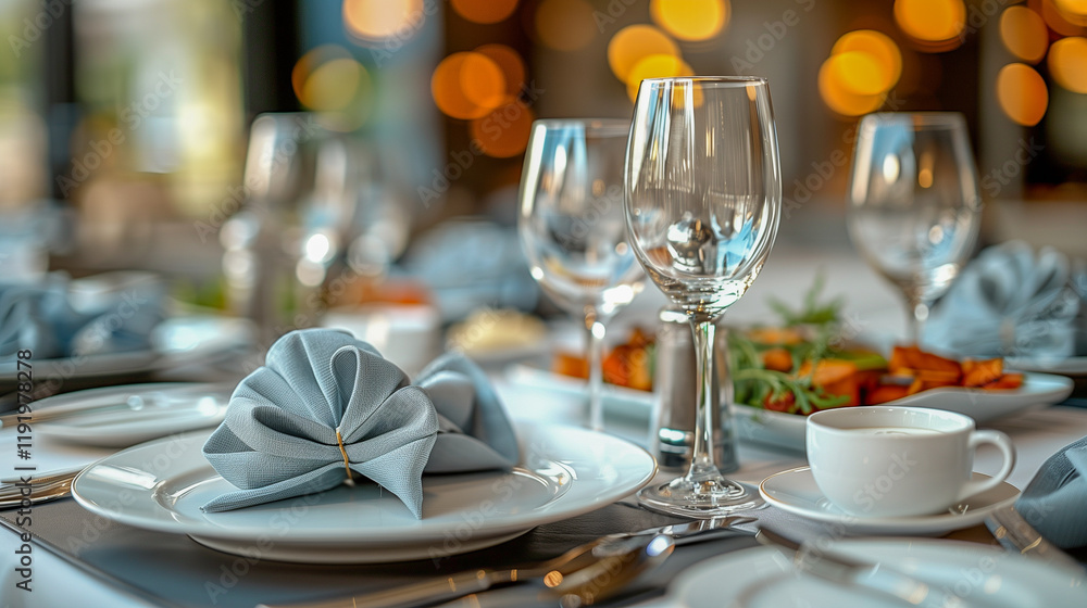Fototapeta premium Elegant Table Setting with Glassware and Folded Napkins..