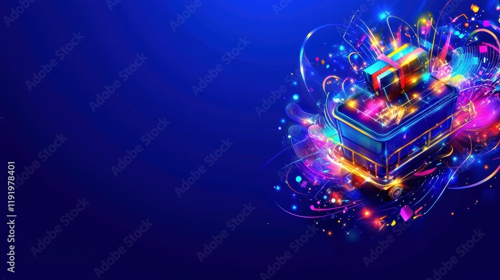 Naklejka premium Vibrant Colorful Gift Box with Magical Light Effects on Blue Background