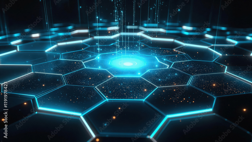 Obraz premium Futuristic Abstract Hexagonal Grid with Glowing Blue Lines and Vibrant Illumination