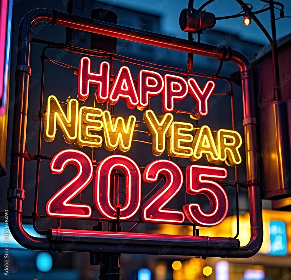 Fototapeta premium Happy New Year 2025 neon lettering.