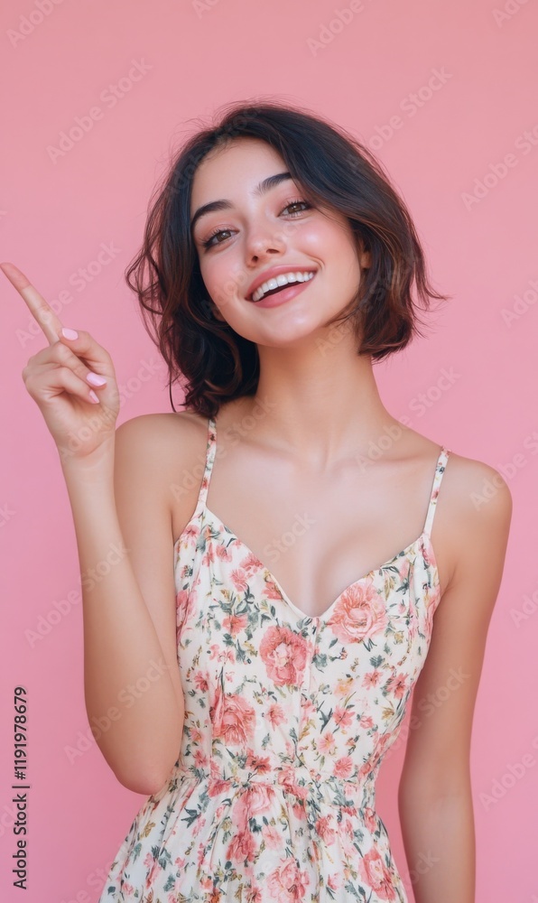 A young woman in a floral dress pointing upwards against a solid pink backdrop showcasing spring style A young woman in a floral dress pointing upwards against a solid pink backdrop showcasing spring style