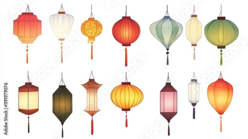 A collection of Chinese lantern icons in various shapes and colors, glowing softly, isolated on a white background