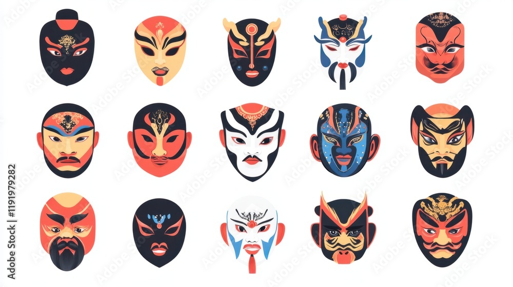custom made wallpaper toronto digitalA collection of Chinese mask icons, including traditional Peking Opera masks in bold colors, isolated on white