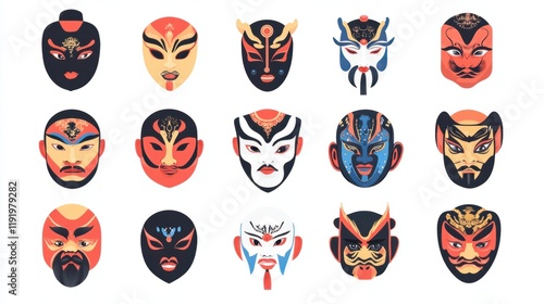 Wallpaper Mural A collection of Chinese mask icons, including traditional Peking Opera masks in bold colors, isolated on white Torontodigital.ca