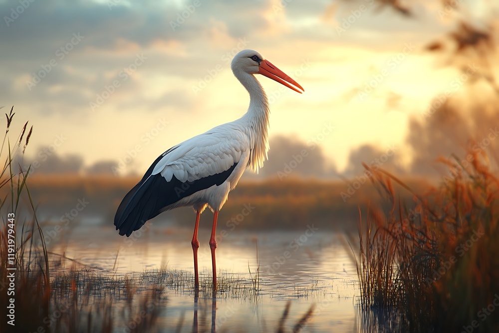 Obraz premium Serene Sunrise: White Stork in Golden Wetlands