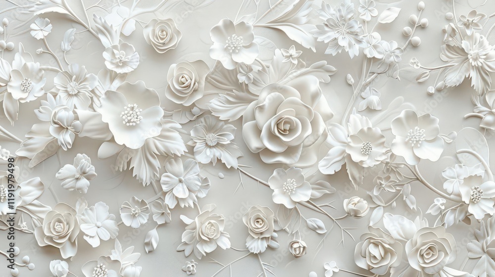 A detailed white floral relief design featuring various flowers and leaves. A detailed white floral relief design featuring various flowers and leaves.