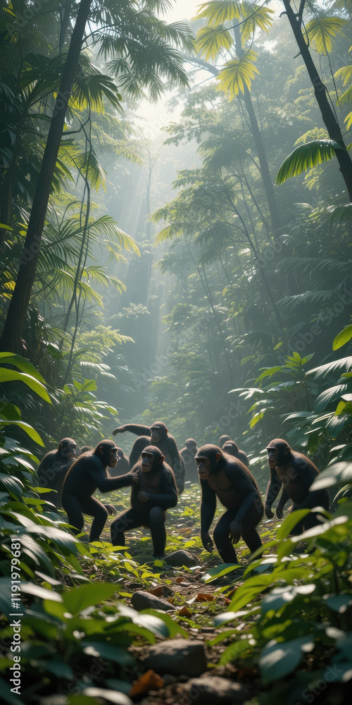 Naklejka premium A group of apes interacting in a lush, sunlit forest.