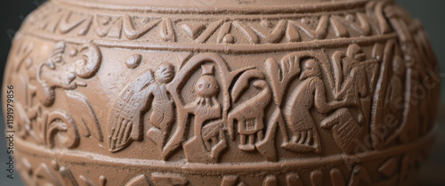 Fotografie A clay pot featuring intricate carvings depicting ancient figures and symbols