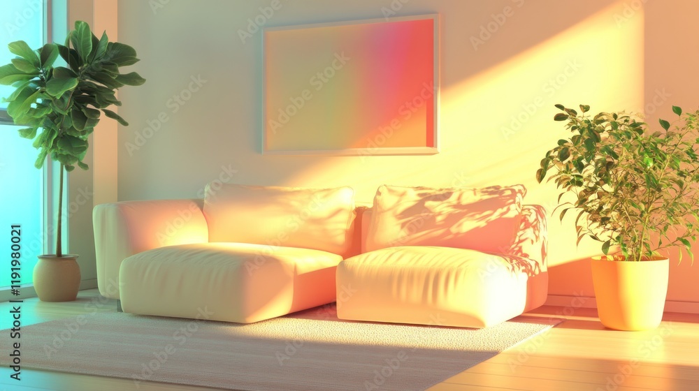 Sunset illuminates modern living room sofa, plants, artwork Sunset illuminates modern living room sofa, plants, artwork